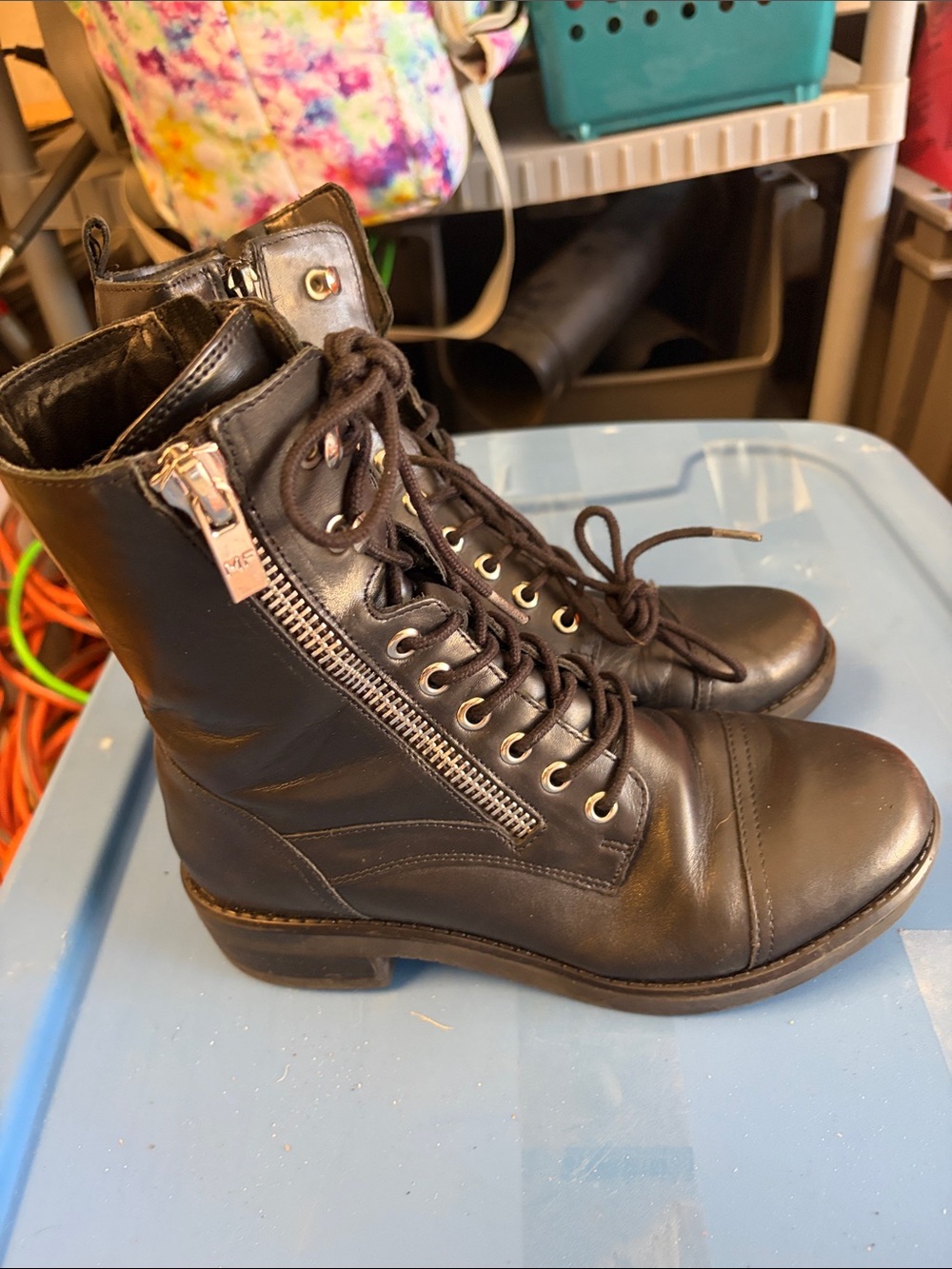 Marc Fisher Black Leather Lace-Up Combat Boots with Side Zipper